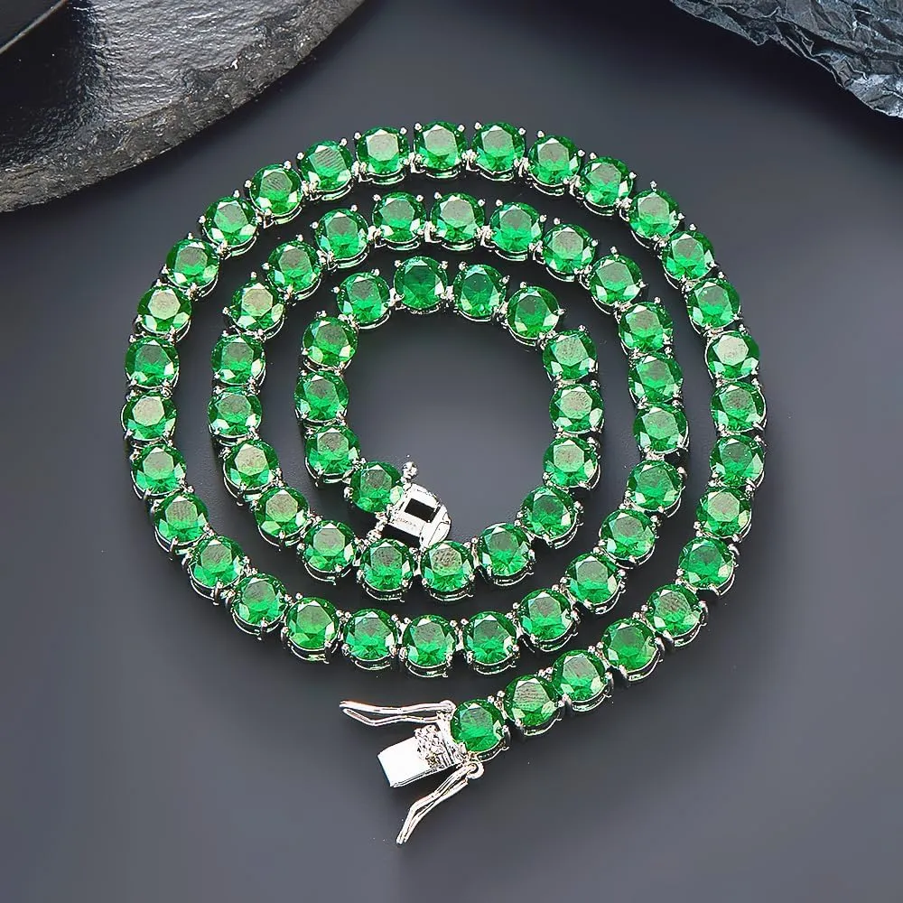 7MM Emerald Green Tennis Necklace Cubic Zirconia Baguette Tennis Diamond Choker Chain Necklaces For Men Women