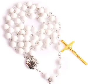 8mm Anglican Muslim Catholic Christian Episcopal Prayer Rosary Gemstone Beads Cross Pendant Necklace Jesus for Men 32 inches (White Shell)