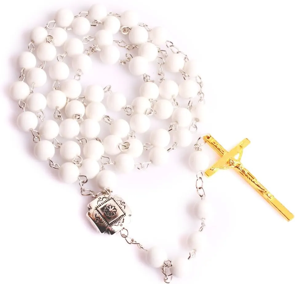 8mm Anglican Muslim Catholic Christian Episcopal Prayer Rosary Gemstone Beads Cross Pendant Necklace Jesus for Men 32 inches (White Shell)
