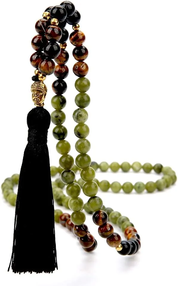 8mm Natural Stone Beads 108 Mala Beaded Necklace Meditation Yoga Prayer Jewelry Tibetan Buddha Head Pendant Tassel Japa Mala Rosary Beads for Men and Women (Southern Jade)
