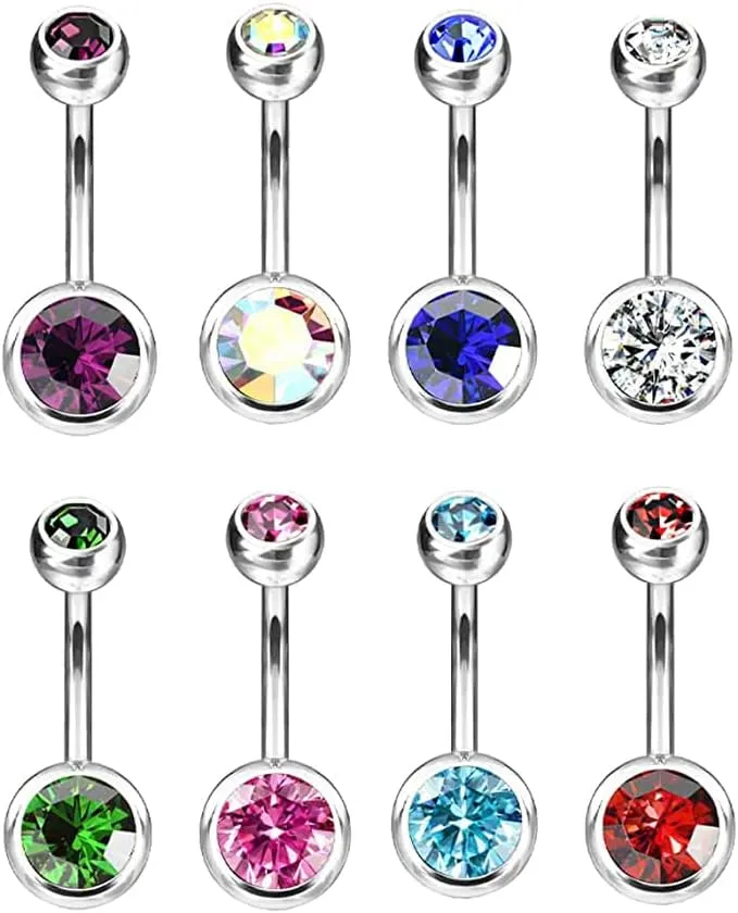 8PCS 14G Belly Button Ring Implant Grade Titanium Belly Rings Double Bezel CZ Navel Rings Barbell Belly Piercing Jewelry for Women 11mm 7/16"