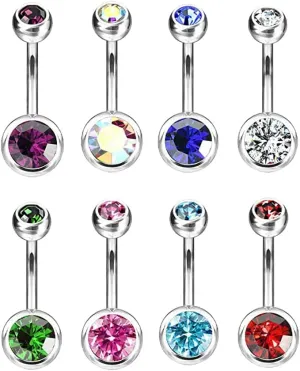 8PCS 14G Belly Button Ring Implant Grade Titanium Belly Rings Double Bezel CZ Navel Rings Barbell Belly Piercing Jewelry for Women 11mm 7/16"