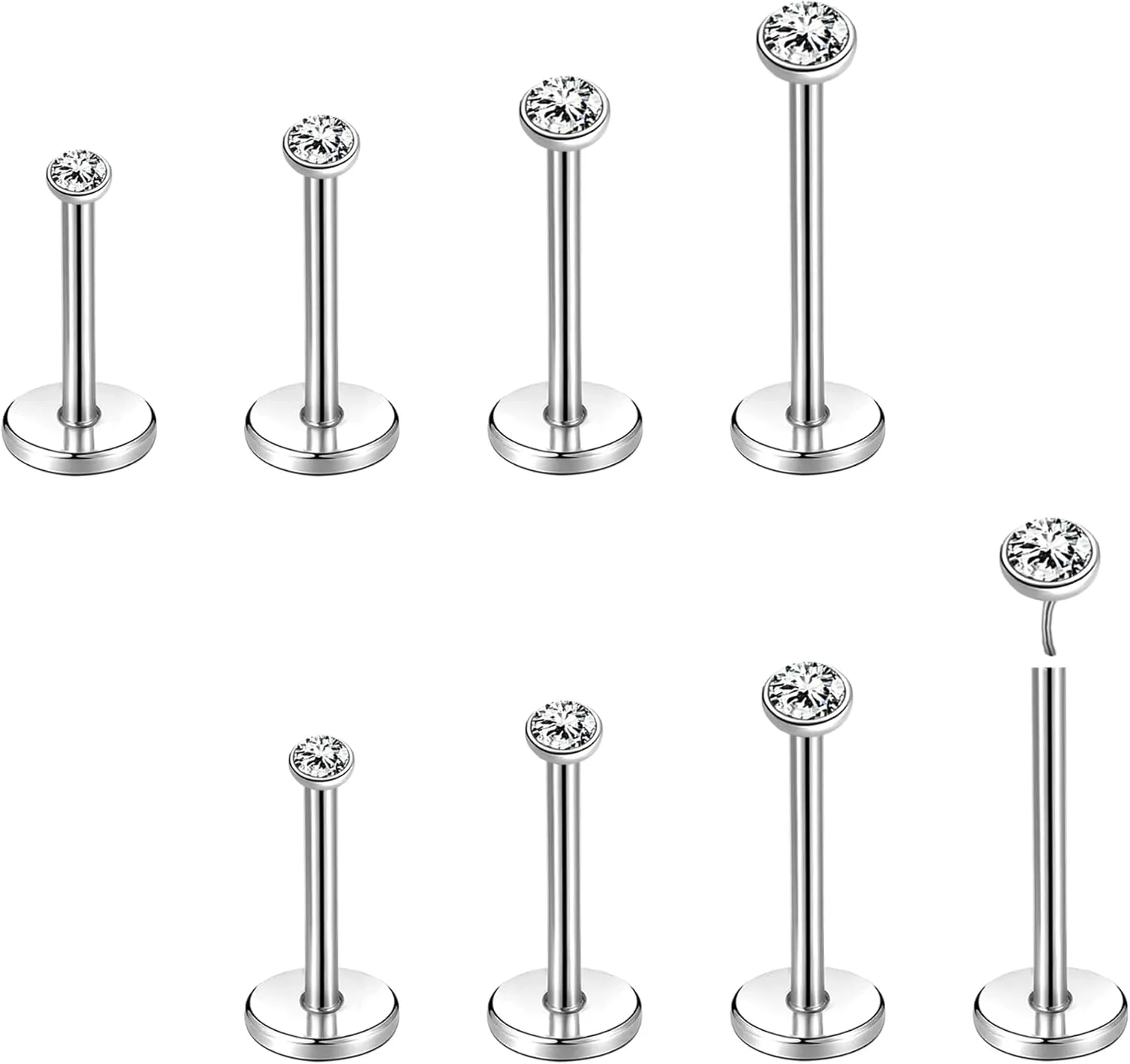 8Pcs 20G 18G Threadless Push in Nose Stud Rings for Women Men Stainless Steel Nose Studs Nostril Piercing Jewelry CZ Nose Rings Studs 1.5MM 2MM 2.5MM 3MM Black Silver Gold Bar Length 7mm 5mm
