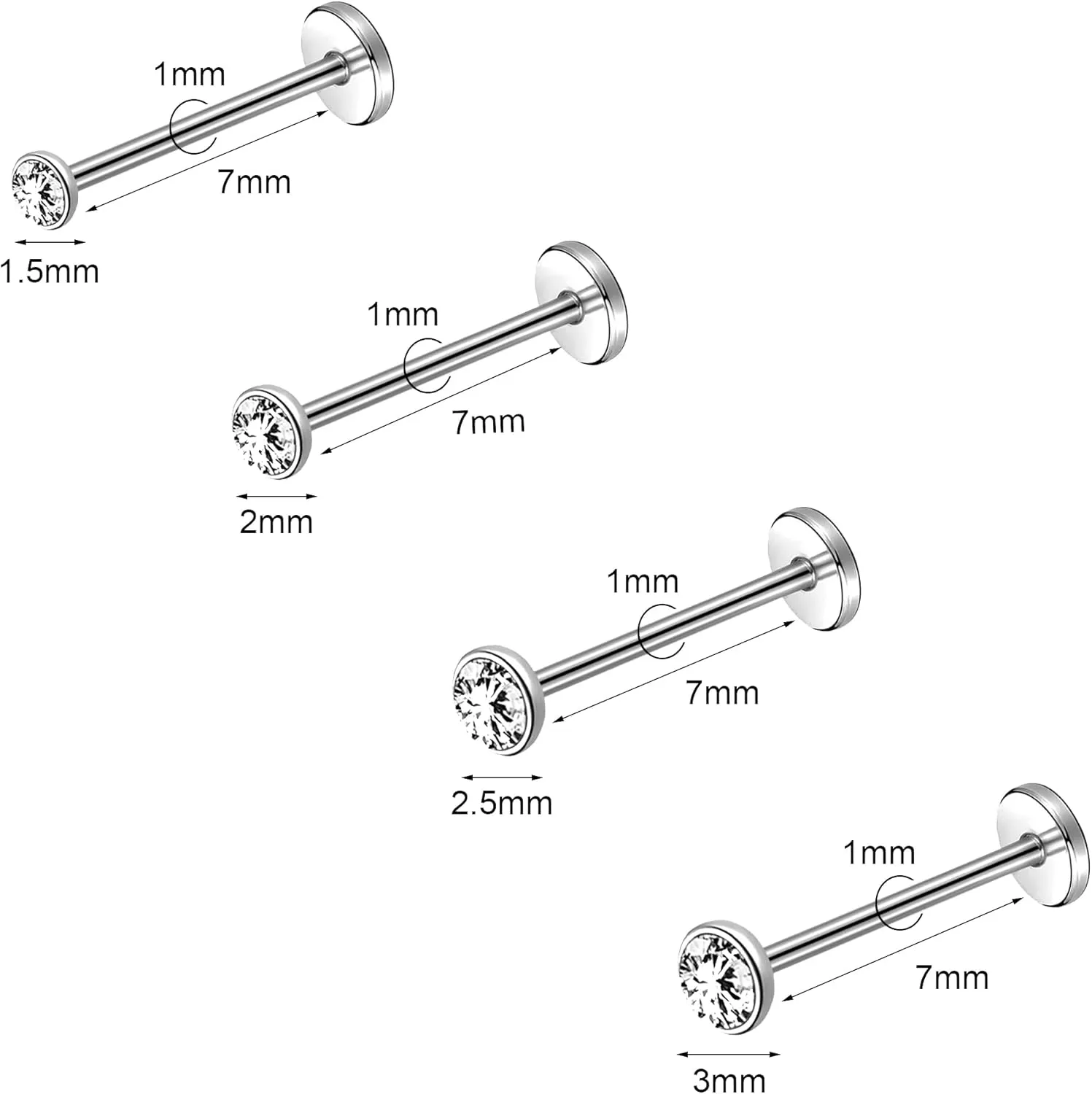 8Pcs 20G 18G Threadless Push in Nose Stud Rings for Women Men Stainless Steel Nose Studs Nostril Piercing Jewelry CZ Nose Rings Studs 1.5MM 2MM 2.5MM 3MM Black Silver Gold Bar Length 7mm 5mm