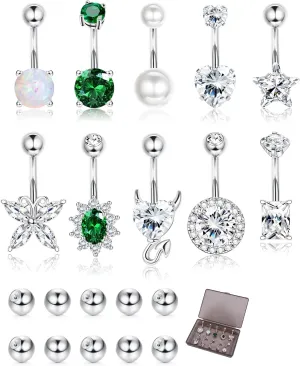 9/10PCS Surgical Stainless Steel Hypoallergenic Belly Button Rings with Extra Replacement Balls, Trendy Dangle Belly Button Piercing Jewelry for Women, 14G - Silver/Gold/Rose Gold