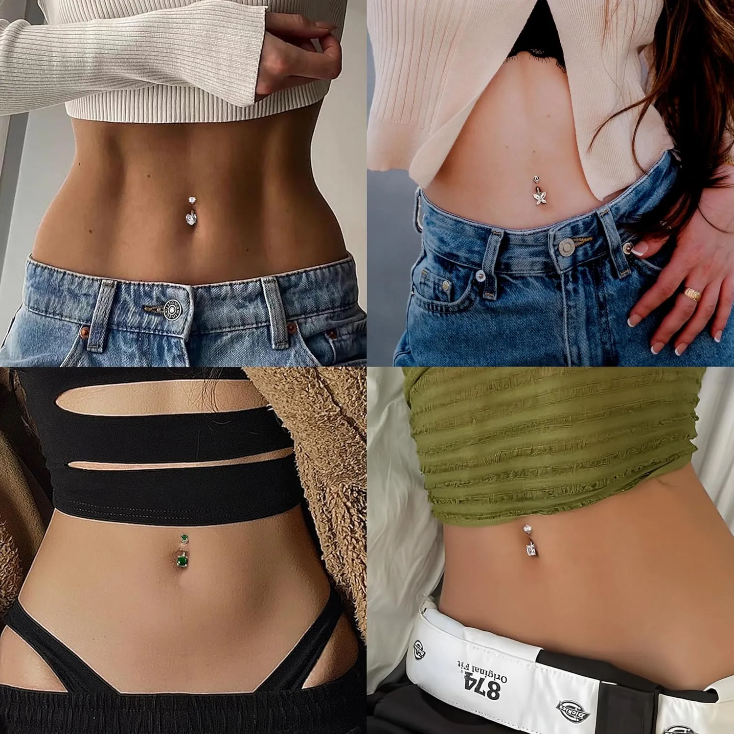 9/10PCS Surgical Stainless Steel Hypoallergenic Belly Button Rings with Extra Replacement Balls, Trendy Dangle Belly Button Piercing Jewelry for Women, 14G - Silver/Gold/Rose Gold
