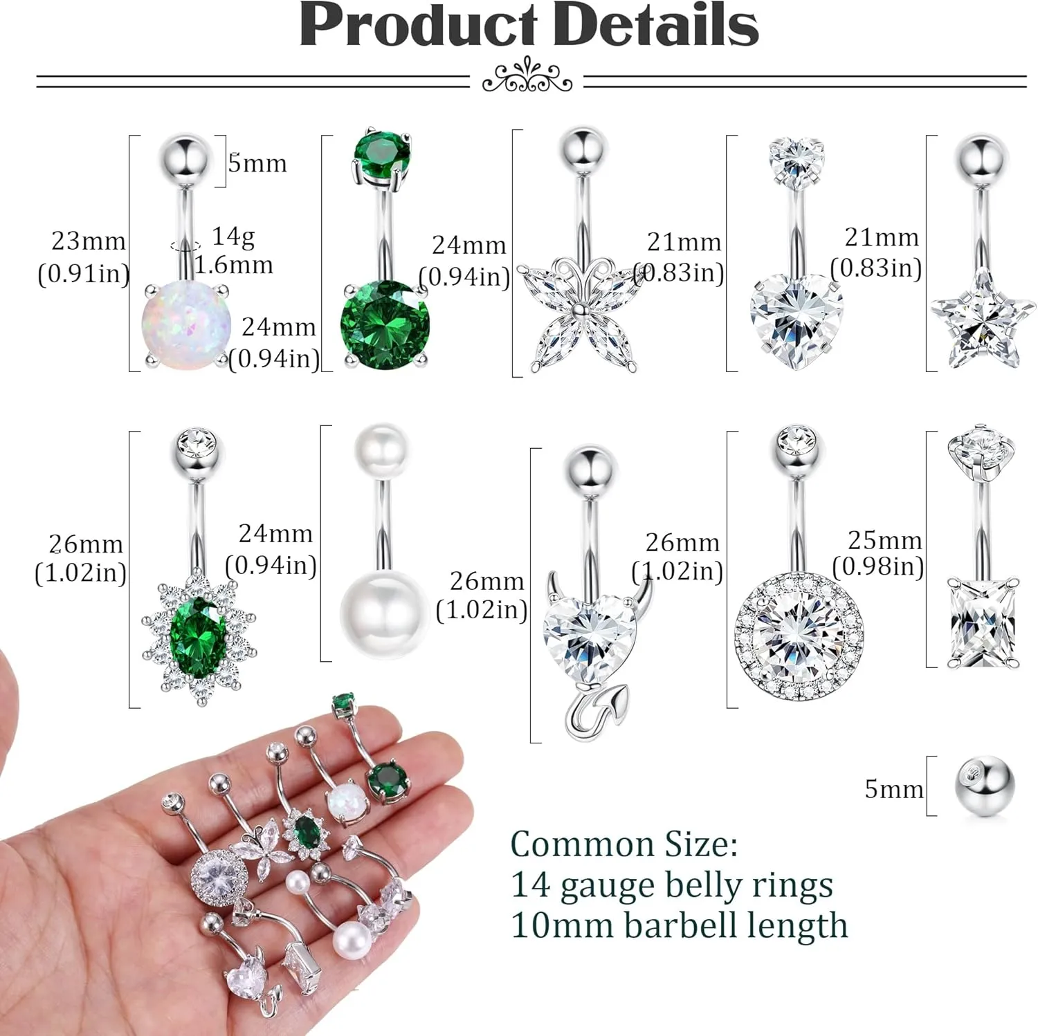 9/10PCS Surgical Stainless Steel Hypoallergenic Belly Button Rings with Extra Replacement Balls, Trendy Dangle Belly Button Piercing Jewelry for Women, 14G - Silver/Gold/Rose Gold