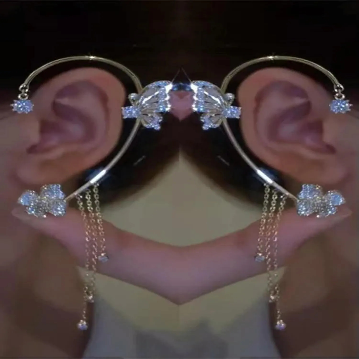 925 Silver Plated Butterfly Flower Zircon Ear Cuff Wrap Non Piercing Earring Hot-1Pair Silver Butterfly Flower
