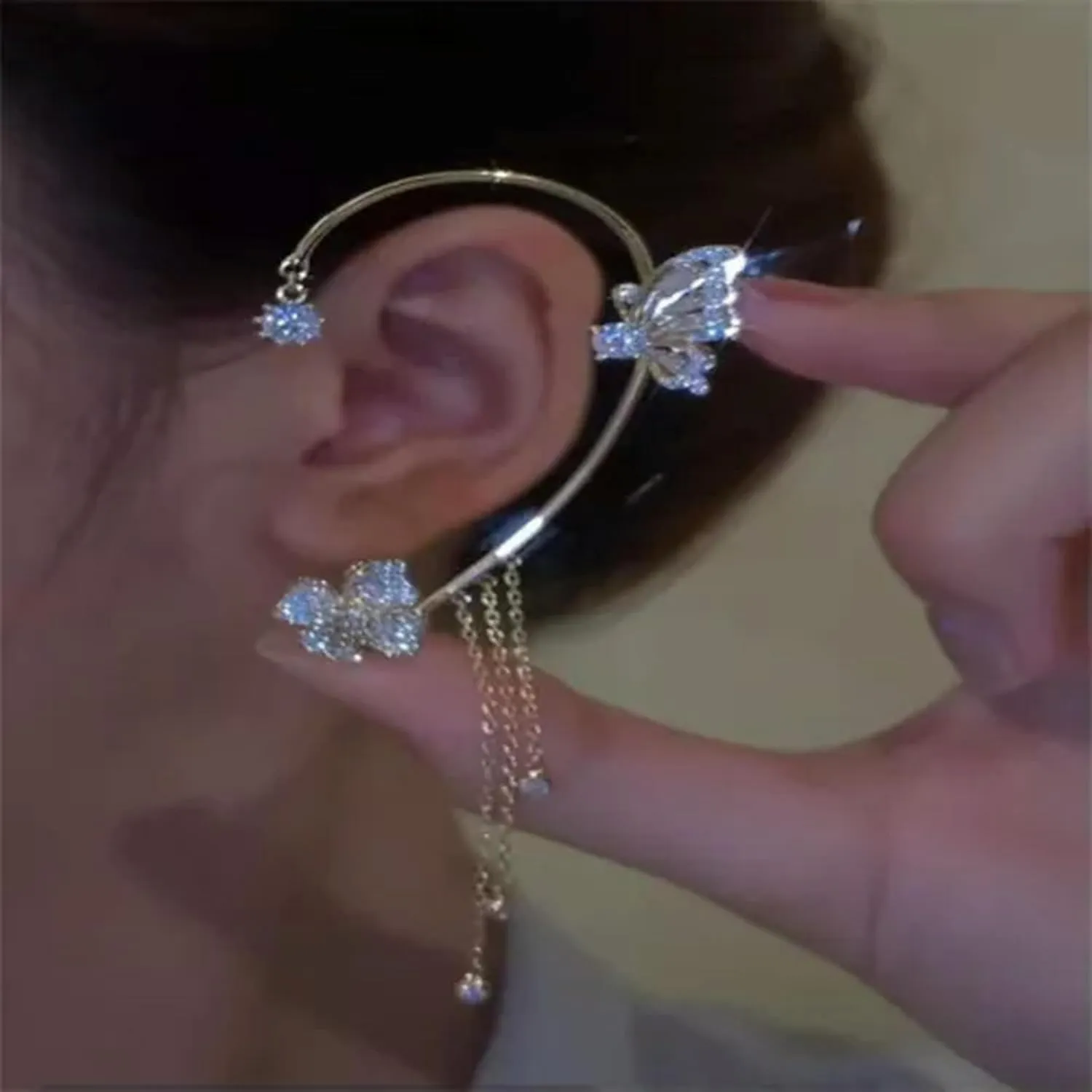 925 Silver Plated Butterfly Flower Zircon Ear Cuff Wrap Non Piercing Earring Hot-1Pair Silver Butterfly Flower