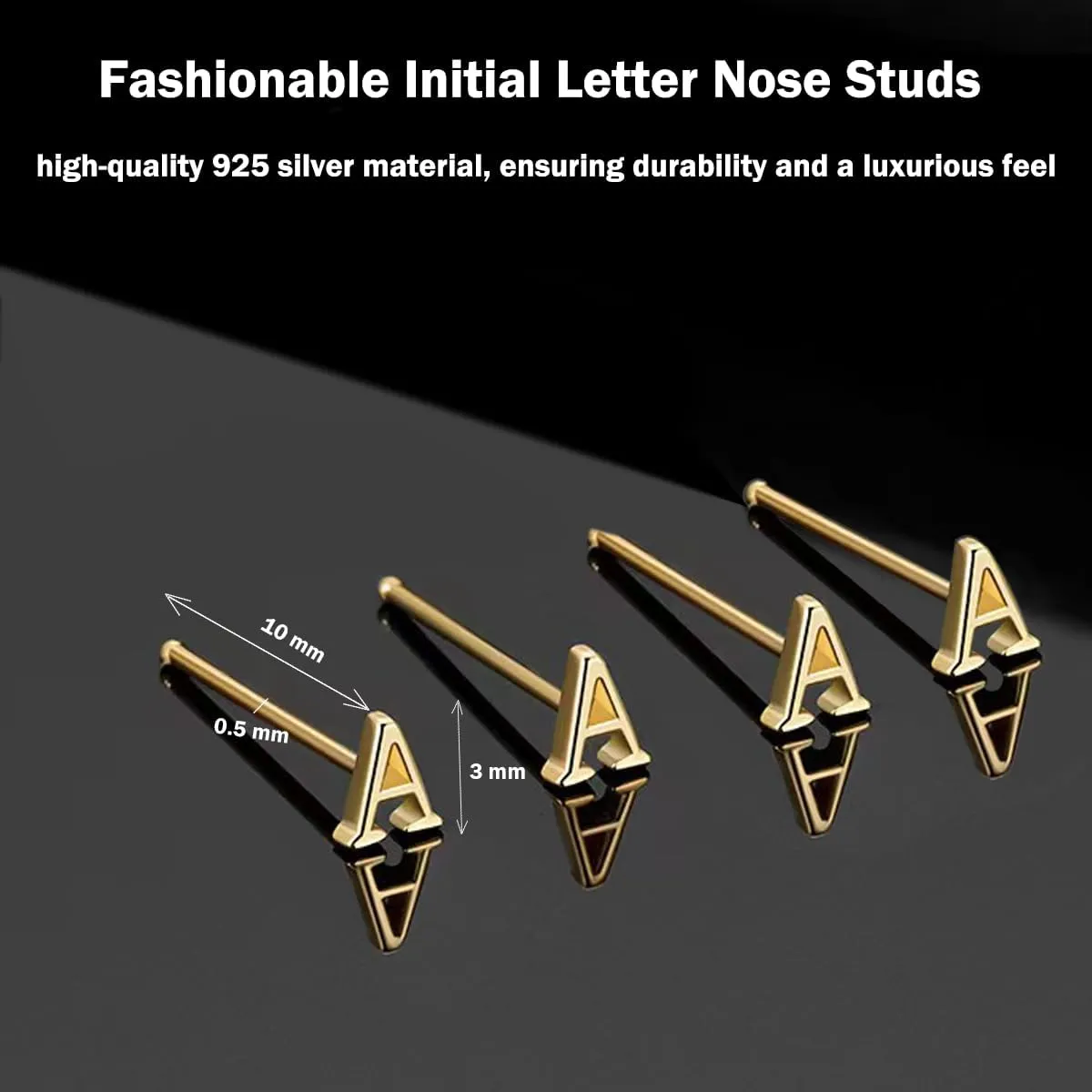 925 Sterling Silver 26 Initial Letter Shape Nose Studs 18K Gold Plated Small Bone Pin Piercing Body Jewelry Hypoallergenic Straight Nose Studs Rings for Women Mens 4 PCS