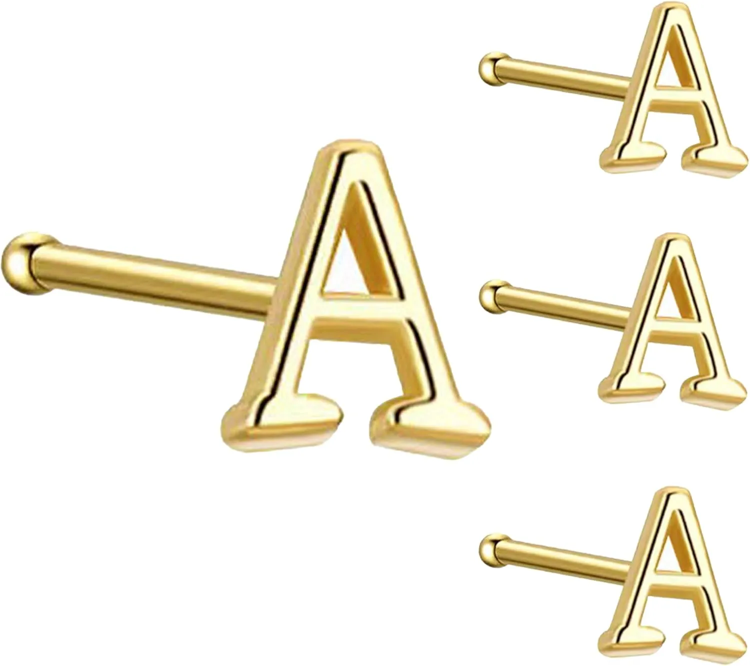 925 Sterling Silver 26 Initial Letter Shape Nose Studs 18K Gold Plated Small Bone Pin Piercing Body Jewelry Hypoallergenic Straight Nose Studs Rings for Women Mens 4 PCS
