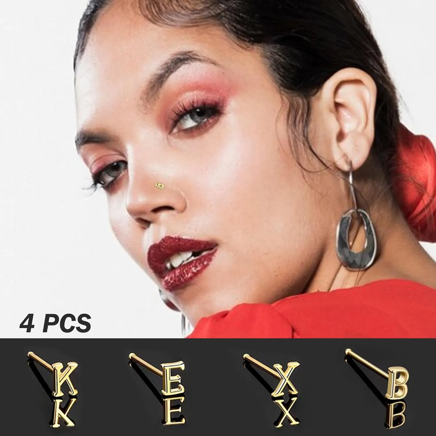 925 Sterling Silver 26 Initial Letter Shape Nose Studs 18K Gold Plated Small Bone Pin Piercing Body Jewelry Hypoallergenic Straight Nose Studs Rings for Women Mens 4 PCS
