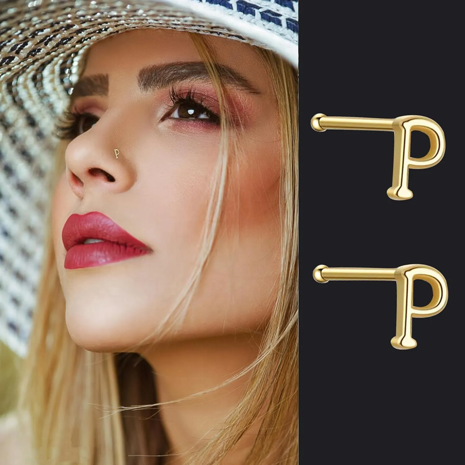 925 Sterling Silver 26 Initial Letter Shape Nose Studs 18K Gold Plated Small Bone Pin Piercing Body Jewelry Hypoallergenic Straight Nose Studs Rings for Women Mens 4 PCS