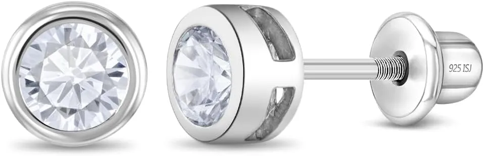 925 Sterling Silver 5mm Round Cubic Zirconia Screw Back Bezel Earrings for All Occasions - Excellent for Baby Girls, Toddlers, and Little Girls Playful or Formal Attire - Safe for Sensitive Ears