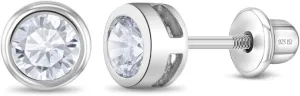 925 Sterling Silver 5mm Round Cubic Zirconia Screw Back Bezel Earrings for All Occasions - Excellent for Baby Girls, Toddlers, and Little Girls Playful or Formal Attire - Safe for Sensitive Ears