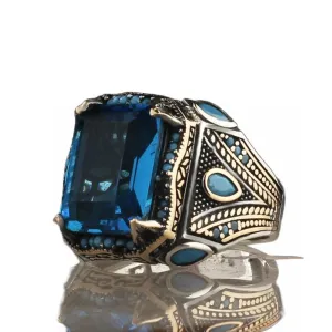 925 Sterling Silver Aquamarine Stone with Turquoise Stones Men Silver Ring, Handmade Blue Aquamarine Stone Men's Silver Ring, Vintage Men Ring, Turkish Ottoman Men Ring, Gift for him, Mens Ring