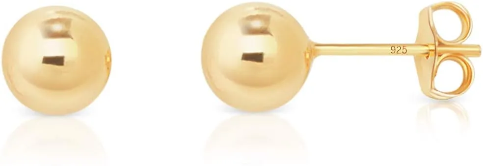 925 Sterling Silver Ball Studs 24K Gold Plated Earrings - Gold Stud Earrings - Round Studs for Women - Ear Piercing - Golden Stud Earring - Diameter: 2 up to 12 mm
