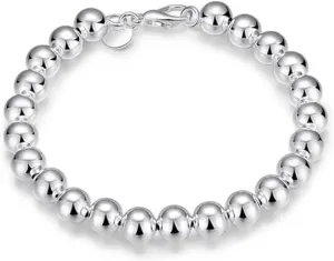 925 Sterling Silver Beaded Bracelet, Round Ball Chain, Lobster Clasp
