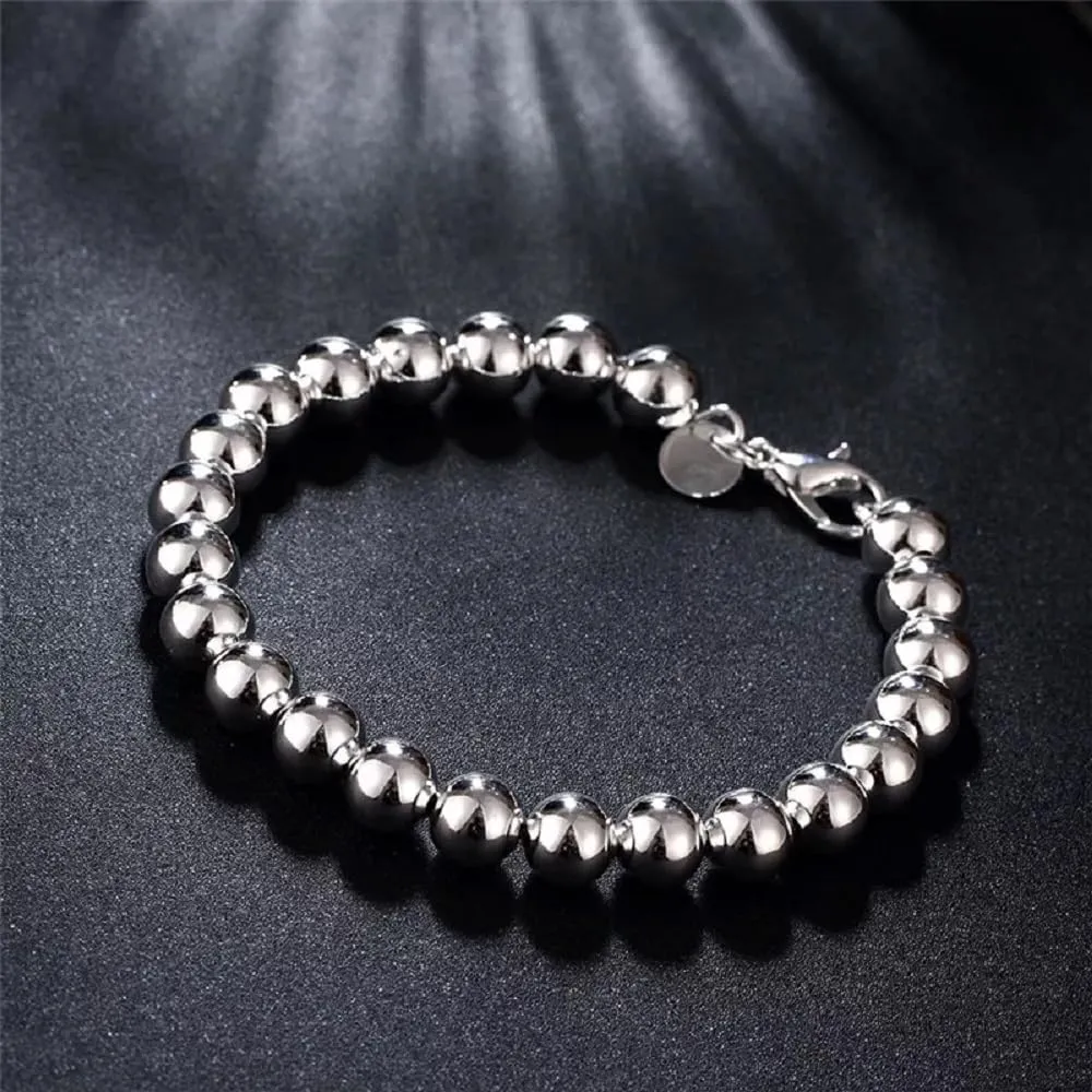 925 Sterling Silver Beaded Bracelet, Round Ball Chain, Lobster Clasp
