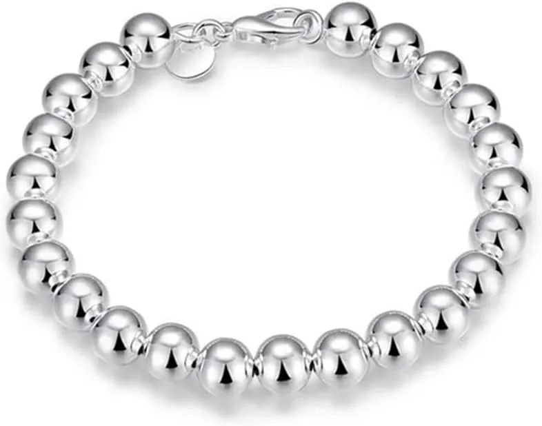925 Sterling Silver Beaded Bracelet, Round Ball Chain, Lobster Clasp