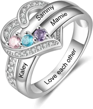 925 Sterling Silver Birthstone Ring - Personalized 1-8 Birthstone Rings - Custom Engraved Name Ring - Wedding Family Mother Days Birthday Jewelry Gifts For Women Grandma Mom Her Wife Daughter