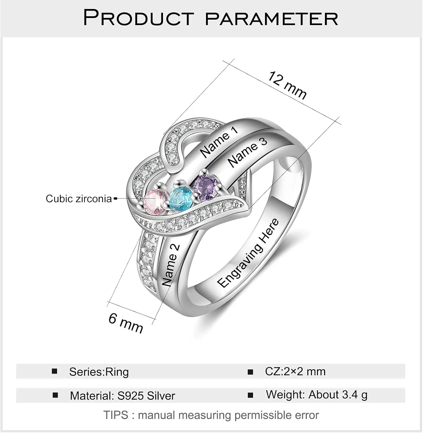 925 Sterling Silver Birthstone Ring - Personalized 1-8 Birthstone Rings - Custom Engraved Name Ring - Wedding Family Mother Days Birthday Jewelry Gifts For Women Grandma Mom Her Wife Daughter