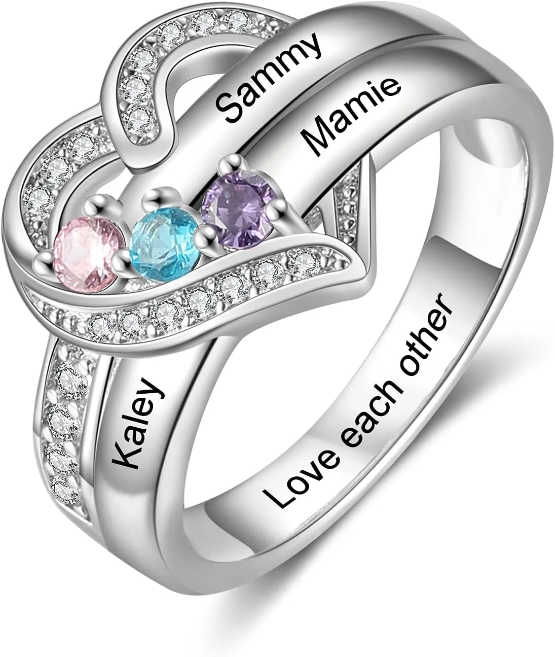 925 Sterling Silver Birthstone Ring - Personalized 1-8 Birthstone Rings - Custom Engraved Name Ring - Wedding Family Mother Days Birthday Jewelry Gifts For Women Grandma Mom Her Wife Daughter