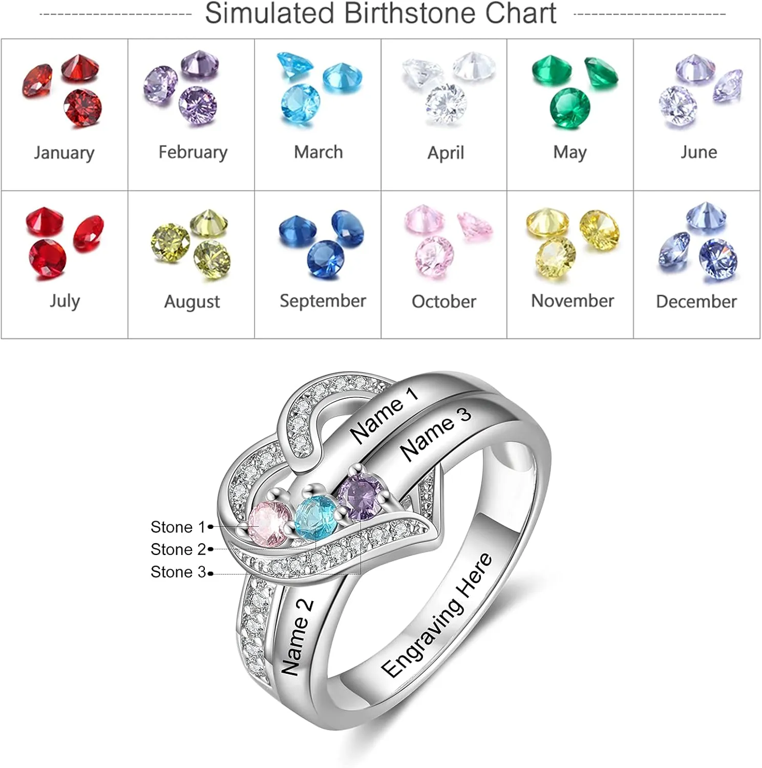 925 Sterling Silver Birthstone Ring - Personalized 1-8 Birthstone Rings - Custom Engraved Name Ring - Wedding Family Mother Days Birthday Jewelry Gifts For Women Grandma Mom Her Wife Daughter