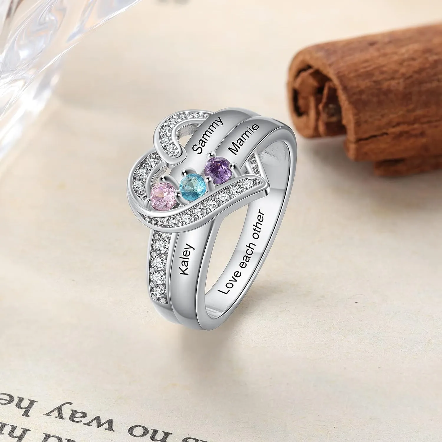 925 Sterling Silver Birthstone Ring - Personalized 1-8 Birthstone Rings - Custom Engraved Name Ring - Wedding Family Mother Days Birthday Jewelry Gifts For Women Grandma Mom Her Wife Daughter