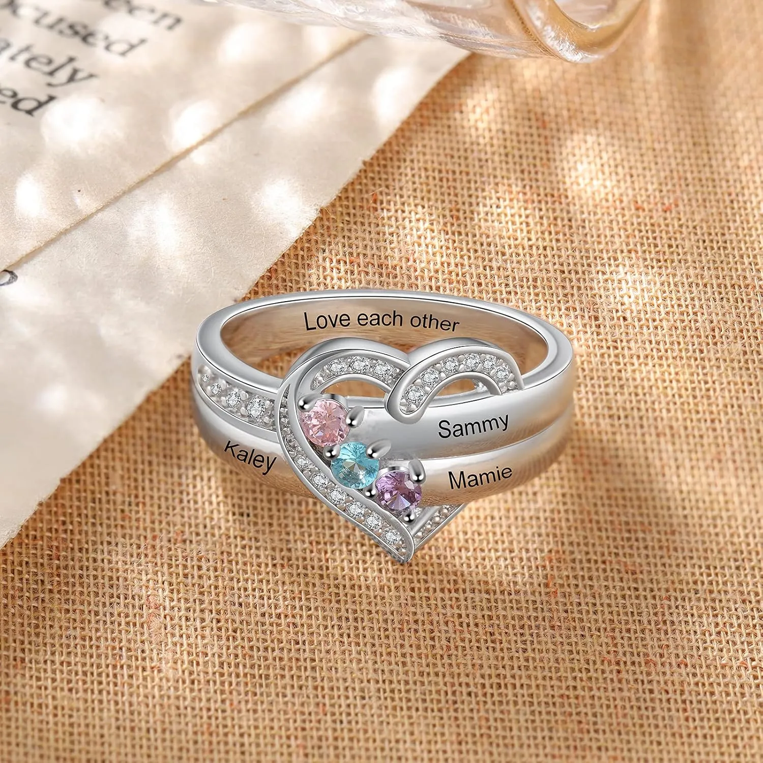 925 Sterling Silver Birthstone Ring - Personalized 1-8 Birthstone Rings - Custom Engraved Name Ring - Wedding Family Mother Days Birthday Jewelry Gifts For Women Grandma Mom Her Wife Daughter
