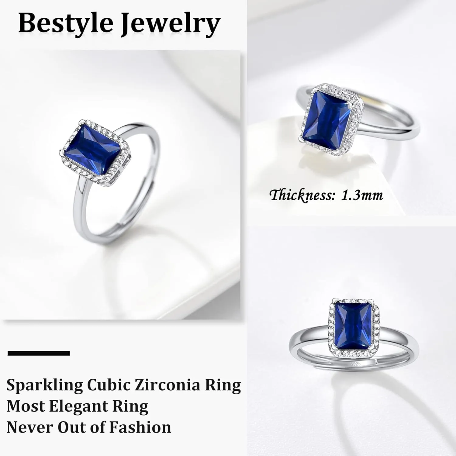 925 Sterling Silver Birthstone Rings for Women Girls with Clear 2ct Heart/Round/Teardrop/Square Crystal, Solitaire Diamond Halo Open Bands Cubic Zirconia Rings Adjustable Size#6-#12