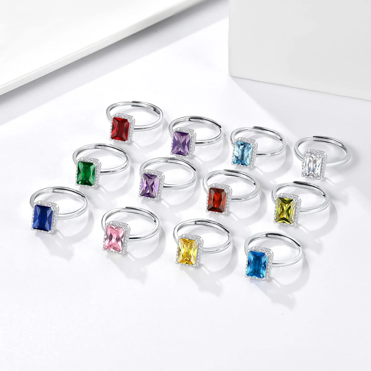 925 Sterling Silver Birthstone Rings for Women Girls with Clear 2ct Heart/Round/Teardrop/Square Crystal, Solitaire Diamond Halo Open Bands Cubic Zirconia Rings Adjustable Size#6-#12