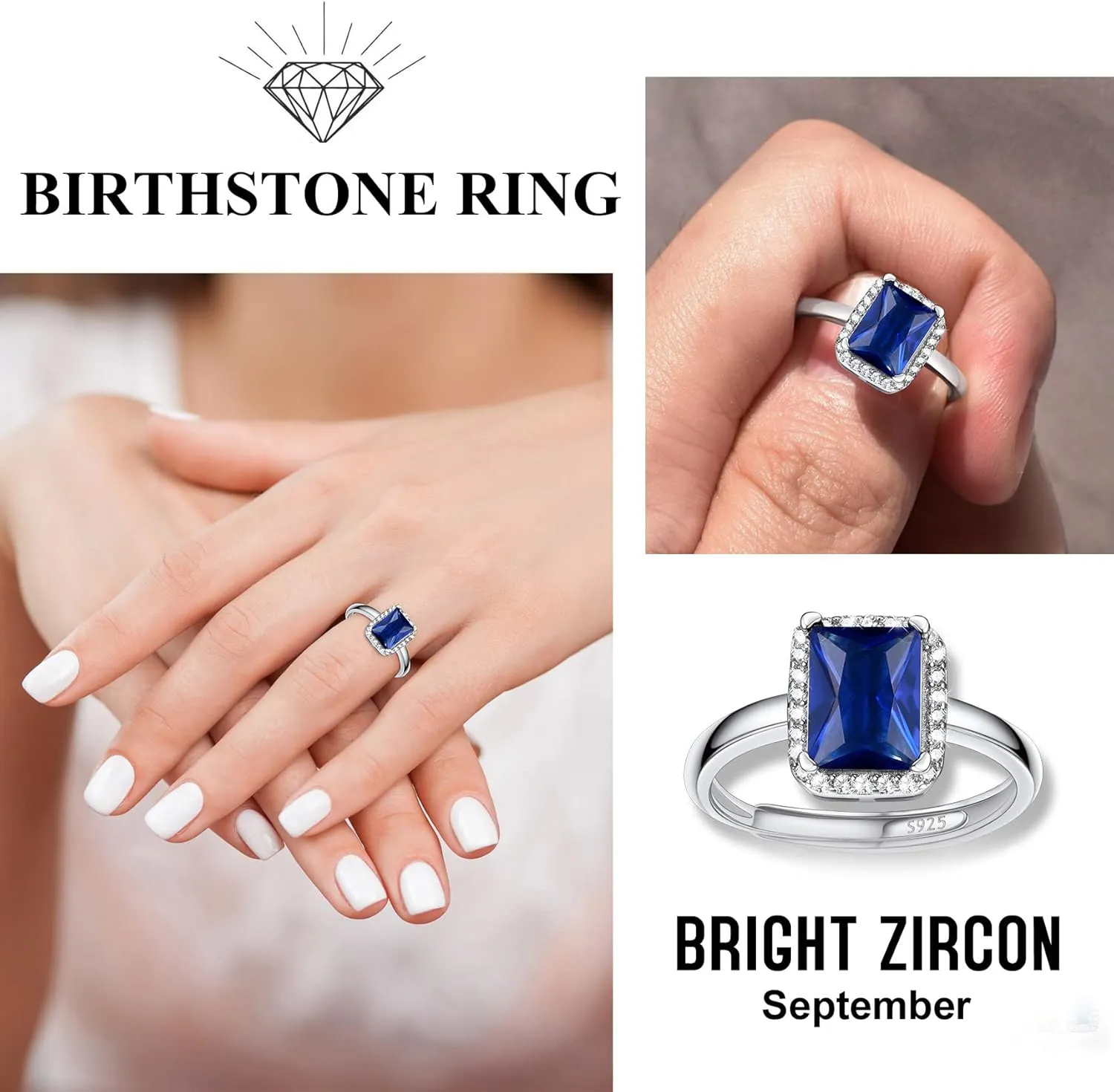 925 Sterling Silver Birthstone Rings for Women Girls with Clear 2ct Heart/Round/Teardrop/Square Crystal, Solitaire Diamond Halo Open Bands Cubic Zirconia Rings Adjustable Size#6-#12