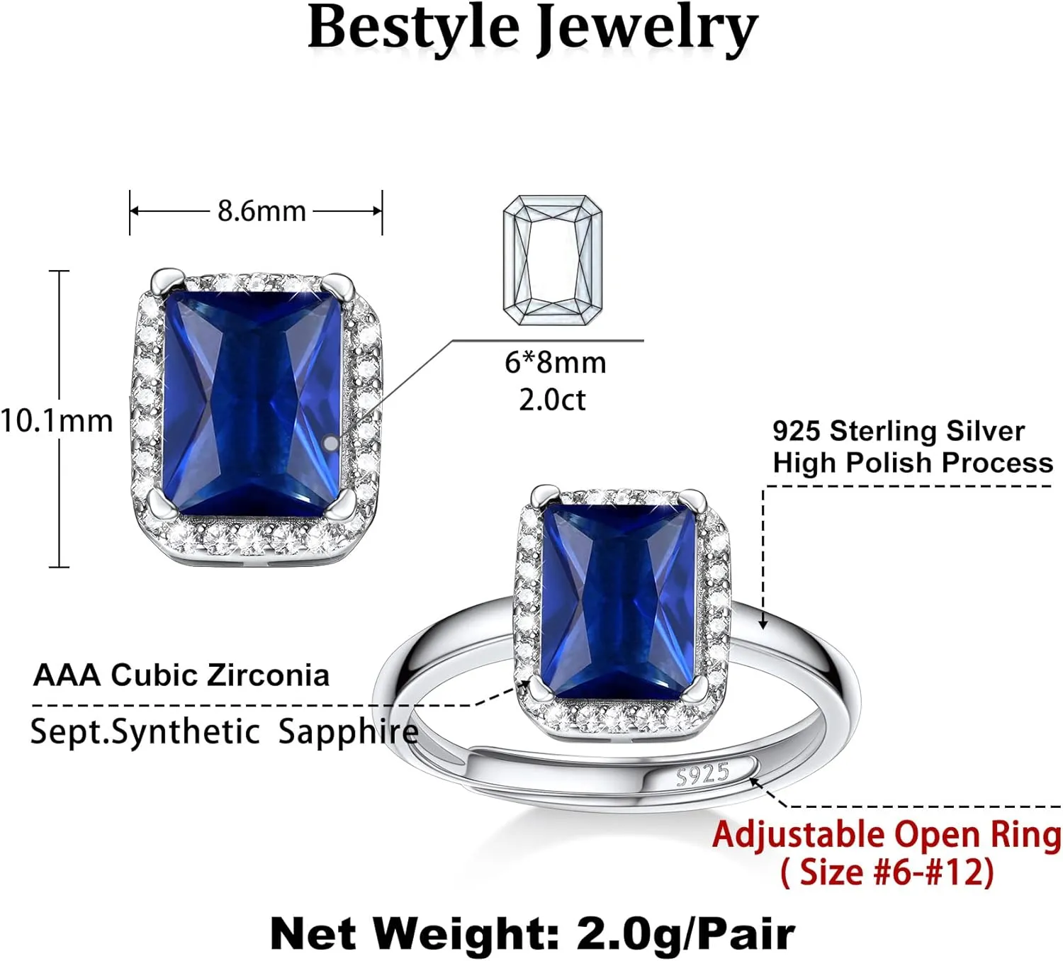 925 Sterling Silver Birthstone Rings for Women Girls with Clear 2ct Heart/Round/Teardrop/Square Crystal, Solitaire Diamond Halo Open Bands Cubic Zirconia Rings Adjustable Size#6-#12