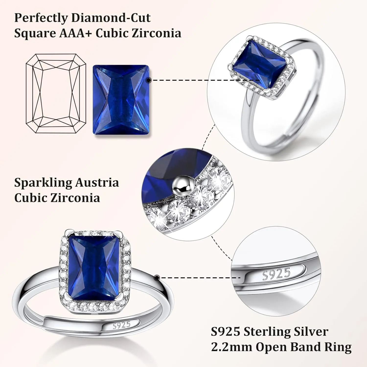 925 Sterling Silver Birthstone Rings for Women Girls with Clear 2ct Heart/Round/Teardrop/Square Crystal, Solitaire Diamond Halo Open Bands Cubic Zirconia Rings Adjustable Size#6-#12