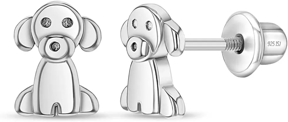 925 Sterling Silver Children's Cute Puppy Earrings with Screw Backs for Kids & Young Girls. Fun Earrings for Dog Lover Children