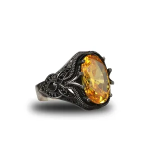 925 Sterling Silver Citrine Stone Men Silver Ring, Citrine Stone Men's Ring, Handmade Engraved Men's Silver Ring, Turkish Silver Ring