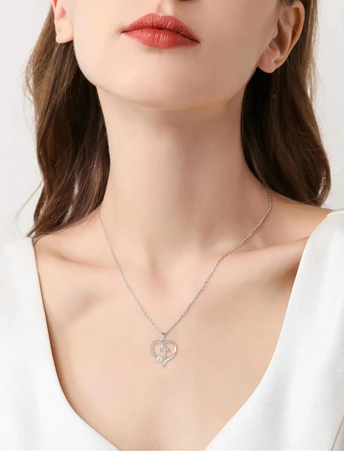 925 Sterling Silver Cross Pendant for Women, Heart Necklace with Birthstone Christian Baptism Jewelry Gifts for Women