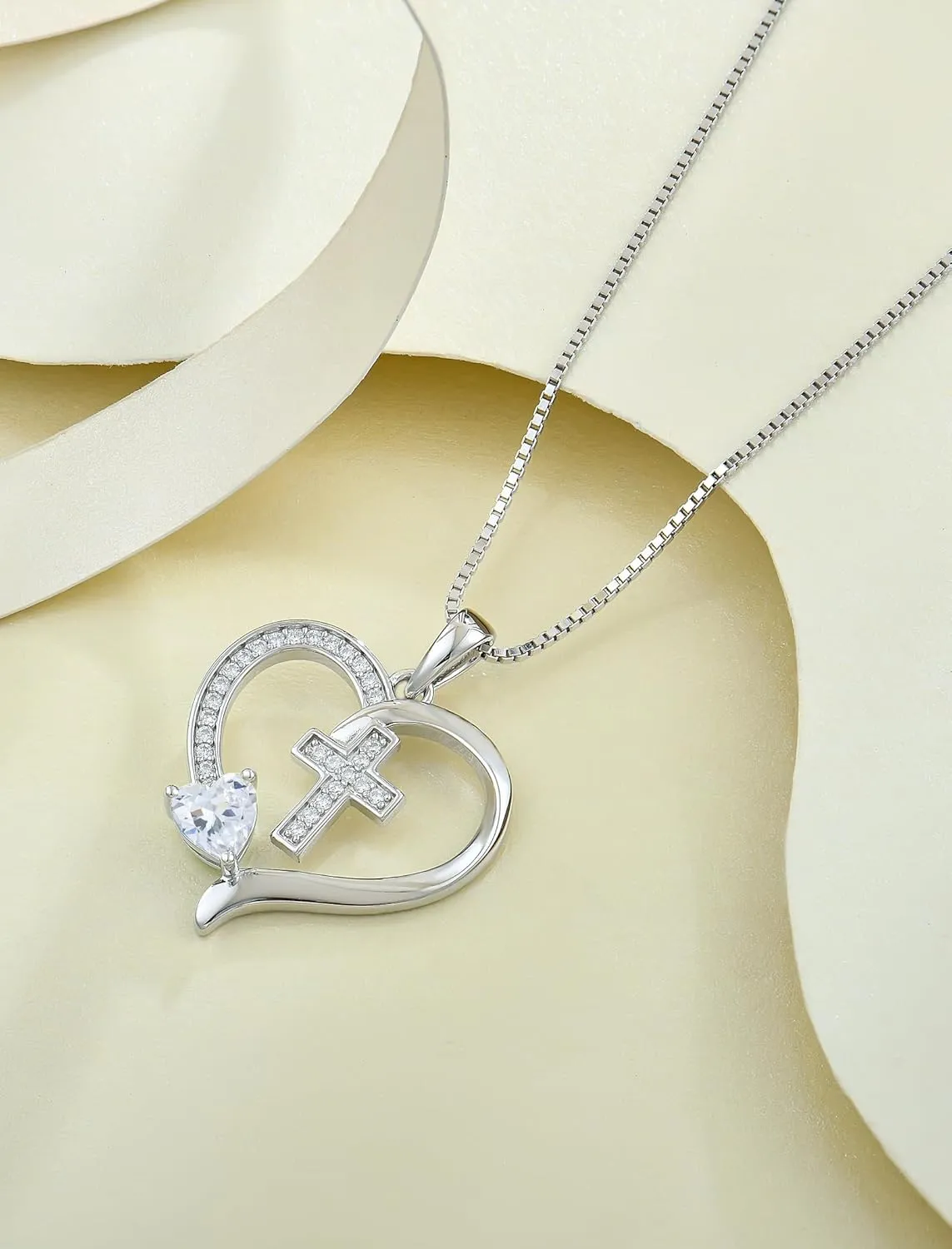 925 Sterling Silver Cross Pendant for Women, Heart Necklace with Birthstone Christian Baptism Jewelry Gifts for Women