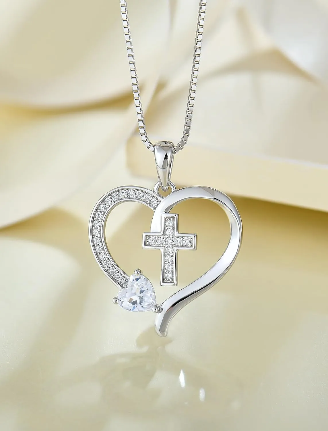 925 Sterling Silver Cross Pendant for Women, Heart Necklace with Birthstone Christian Baptism Jewelry Gifts for Women