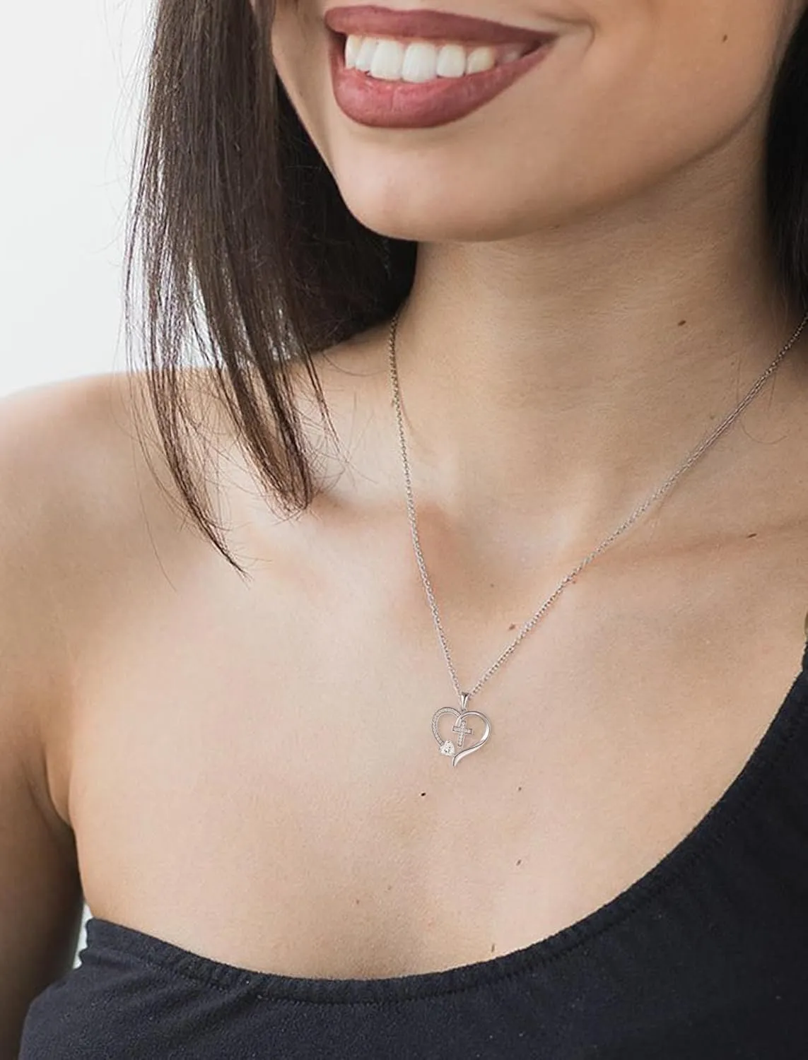 925 Sterling Silver Cross Pendant for Women, Heart Necklace with Birthstone Christian Baptism Jewelry Gifts for Women