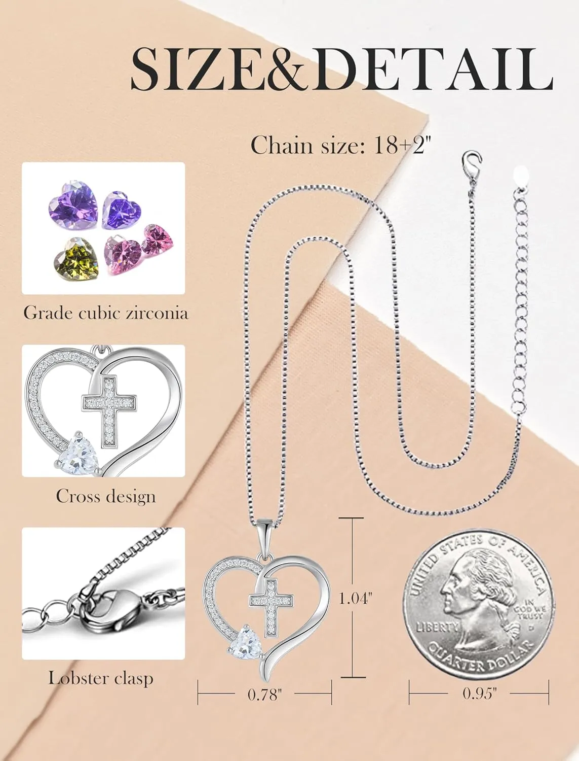 925 Sterling Silver Cross Pendant for Women, Heart Necklace with Birthstone Christian Baptism Jewelry Gifts for Women