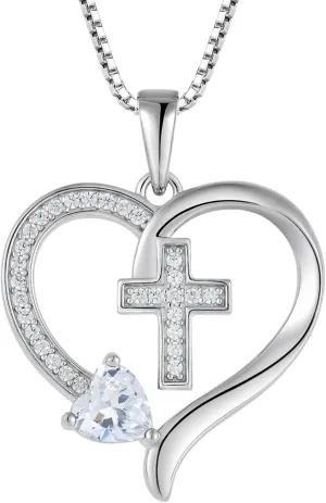 925 Sterling Silver Cross Pendant for Women, Heart Necklace with Birthstone Christian Baptism Jewelry Gifts for Women