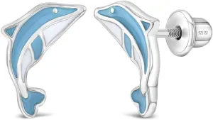 925 Sterling Silver Enamel Color Leaping Dolphins Screw Back Earrings for Young Girls - Beautiful Small Dolphin Screw Backs for Little Girls - Fun and Fashionable Stud Earrings for Kids