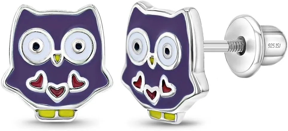 925 Sterling Silver Enamel Owl Screw Back Earrings for Little Girls & Toddlers - Cute and Fun Gift Idea for Young Girls and Animal Lover Children - Safety Screw Back Locking for Comfortable Daily Use