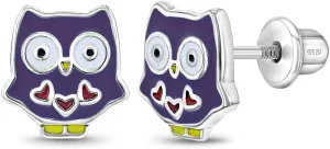 925 Sterling Silver Enamel Owl Screw Back Earrings for Little Girls & Toddlers - Cute and Fun Gift Idea for Young Girls and Animal Lover Children - Safety Screw Back Locking for Comfortable Daily Use