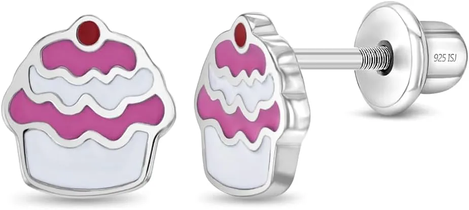 925 Sterling Silver Little Girls Enamel Cupcake Earrings, Screw Back Locking for Toddlers & Young Girls - Fun Screw Back Girl Earrings