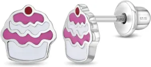 925 Sterling Silver Little Girls Enamel Cupcake Earrings, Screw Back Locking for Toddlers & Young Girls - Fun Screw Back Girl Earrings