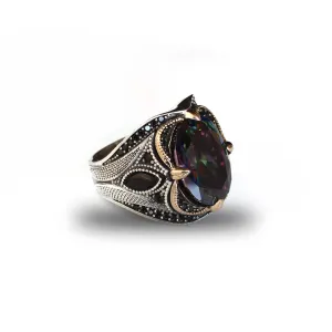 925 Sterling Silver Mens Ring with Mystic Topaz Gem Stone, Handmade Men Silver Ring with Micro Zircon Stone, Turkish Silver Ring, Gift for Men