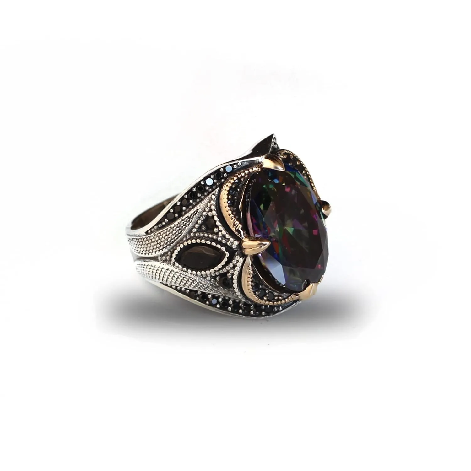 925 Sterling Silver Mens Ring with Mystic Topaz Gem Stone, Handmade Men Silver Ring with Micro Zircon Stone, Turkish Silver Ring, Gift for Men